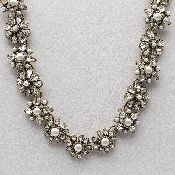 Floral Statement Necklace With Faux Pearls Clear Rhinestones By Loft - Picture 2 of 6